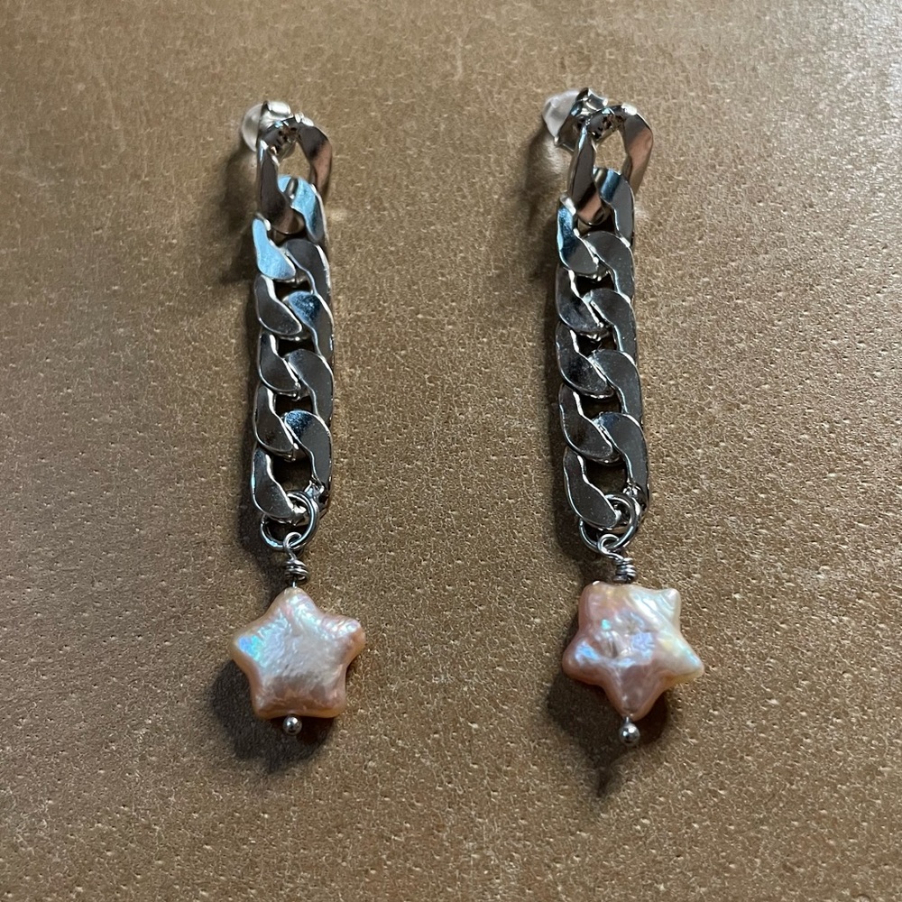 ⭐️ Star freshwater pearls curb chain post earrings silver pink Y2K boho festival - Picture 4 of 5